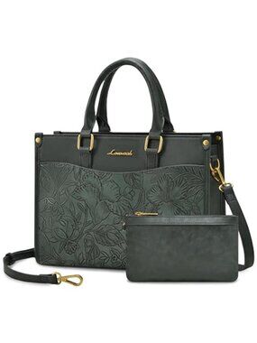 Women PU Leather Tote Satchel Shoulder Crossbody Handbag Green Embossed 2 Pcs